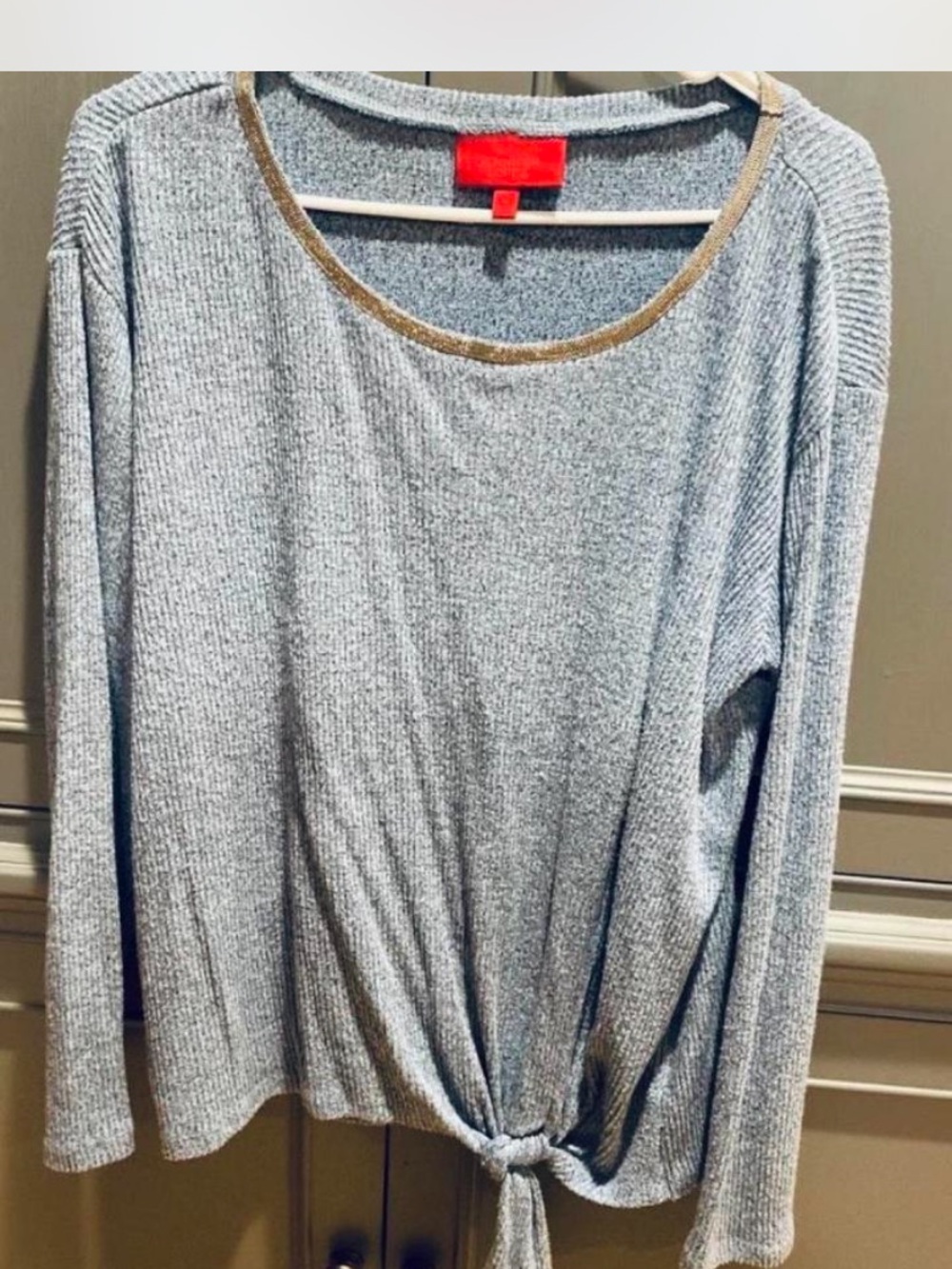 Light blue Knit Tie-Hem Long Sleeve Top with Gold Trim